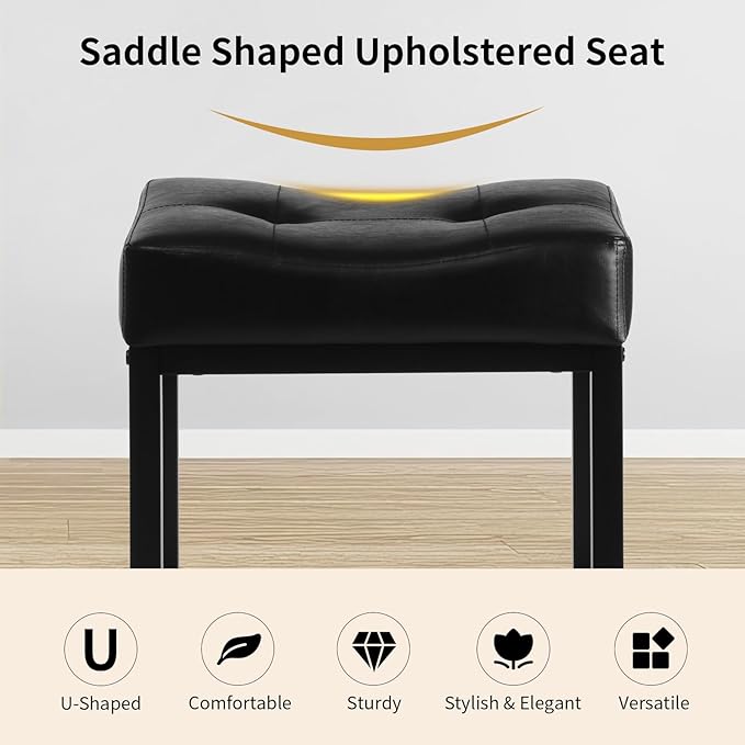 Saddle Seat Vanity Stool, Makeup Stool Chair with Metal Leg, U-Shaped Faux Leather Ottoman Foot Rest, Small Square Chairs Under Desk for Vanity, Living Room, Bedroom, Modern Makeup Bench Black