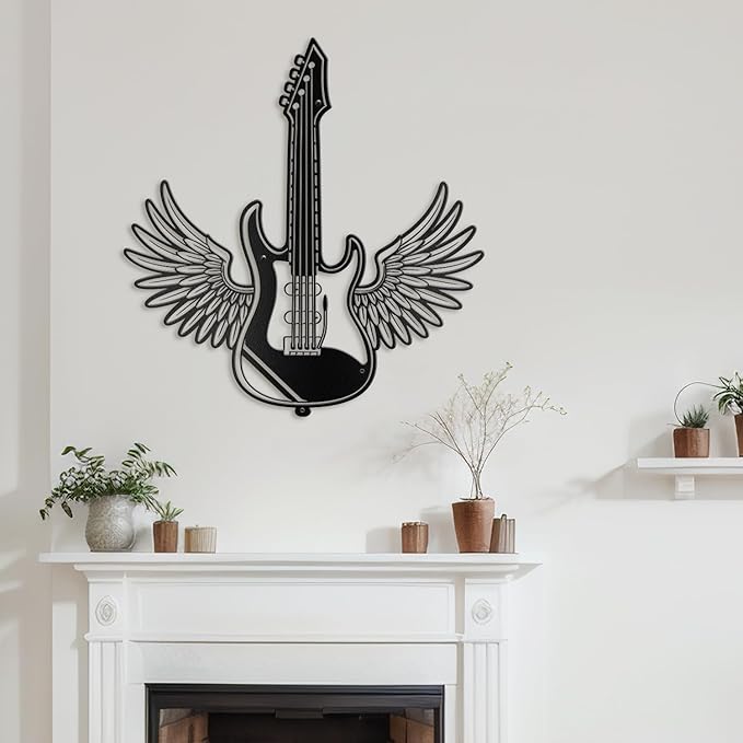 SIGNLEADER Metal Wall Art Decor - Electric Guitar with Wing Minimalist Modern Abstract Wall Sculpture Hanging Home Decoration for Living Room, Bedroom, Bathroom, Kitchen, Studio, Outdoor - 18" Black