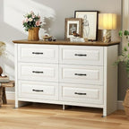 Marsail Farmhouse 6 Drawer Dresser, Wood Chest of Drawers with Natural Texture, Smooth Gliding Drawers, Versatile Storage Organizer Cabinet for Bedroom & Living Room, White and Brown