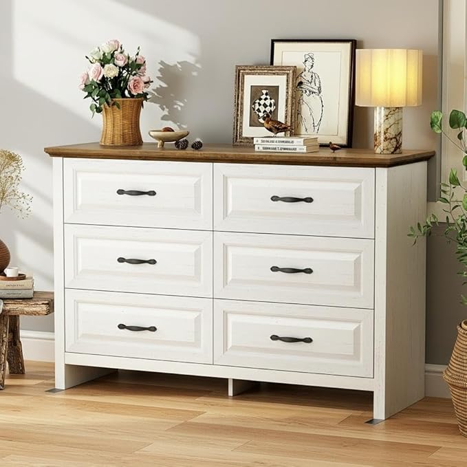 Marsail Farmhouse 6 Drawer Dresser, Wood Chest of Drawers with Natural Texture, Smooth Gliding Drawers, Versatile Storage Organizer Cabinet for Bedroom & Living Room, White and Brown