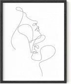 Minimalist Face to Face Wall Art Two Portraits Continuous Line Drawing 11x14 Inch Oak Wood Black Framed Modern Aesthetic Profile Print for Bedroom Decor