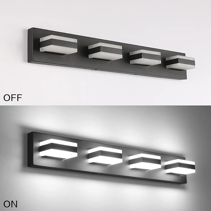 SOLFART Black Bathroom Light Fixtures 4 Lights Bathroom Vanity Light LED Dimmable Matt Black Vanity Lights 32W Cool White 6000K & 0%-100% Brightness Dimmable