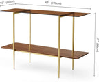 Extra Large Glass Console Table for Living Room, Foyer & Entrance, L47 x W16 x H31, Mid-Century Modern Sofa Table with Amber Glass Top, Walnut Finish Wood Top and Gold Finish Metal Frame