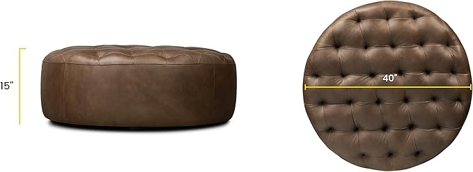 Poly & BARK Ascot Ottoman – 40" Round Pouf with Feather-Down Topper – Full-Grain Leather Upholstered Pouf Ottoman for Living Room – Vintage Italian Leather in Cocoa Brown