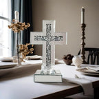 GIMORRTO Mirrored Cross Wall Decor, Crushed Diamond Crystal Glass, Religious Wall Art (Small tabletop with candle holder)