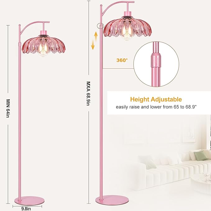 Pink Floor Lamp for Living Room,Bedroom,Glass Dimmable Standing Lamp with Remote,Gold Mid Century Modern Brass Tall Lamp Boho Floor Lamps Arc Stained Flower Floor Light Lamp Girls kids Bohemian
