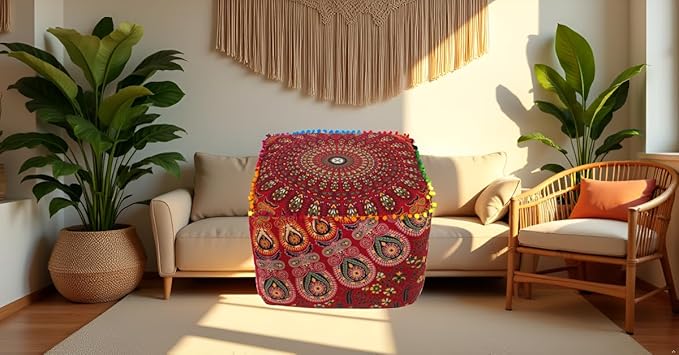 CRAFT KALA Large Hippie Mandala Meditation Floor Ottoman Pillow Cushion Pouf Cover Square Poufs Cover Bohemian Circle Floor Cushion Case Outdoor Fireplace Living Room Decor 18X18X14 inches, Red Mirchi