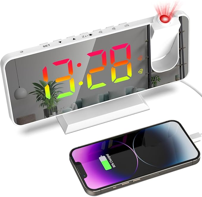 Projection Alarm Clock for Bedroom Ceiling, 180° Rotatable Projector 7.4” Mirror RGB Digital LED Display 12/24H, 5 Level Brightness Dimmer, Dual Alarm Clock (White)