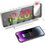Projection Alarm Clock for Bedroom Ceiling, 180° Rotatable Projector 7.4” Mirror RGB Digital LED Display 12/24H, 5 Level Brightness Dimmer, Dual Alarm Clock (White)