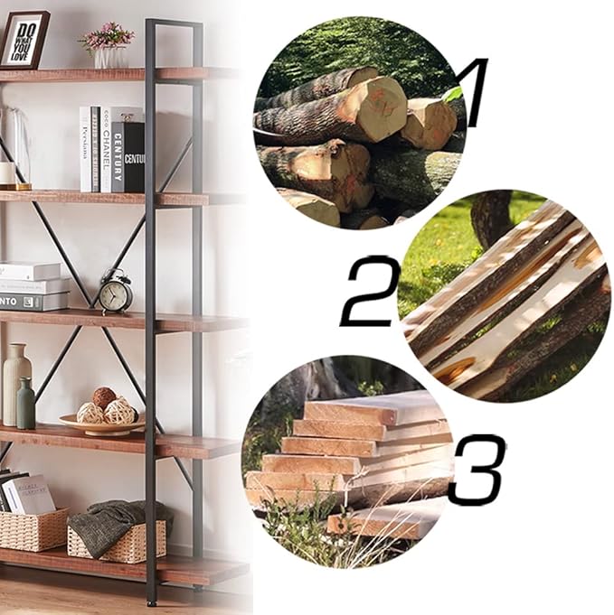 HSH 5 Tier Solid Wood Bookshelf, Natural Real Wood Bookcase, Industrial Rustic Vintage Etagere Bookshelf, Open Metal Farmhouse Solid Wooden Book Shelf, Distressed Brown