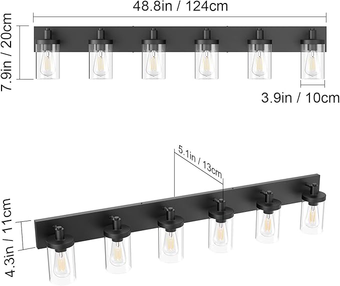 Aipsun 48in Vanity Light Black Bathroom Vanity Lighting Fixtures 6 Light Bathroom Light Fixtures with Clear Glass Shade(Exclude Bulb)