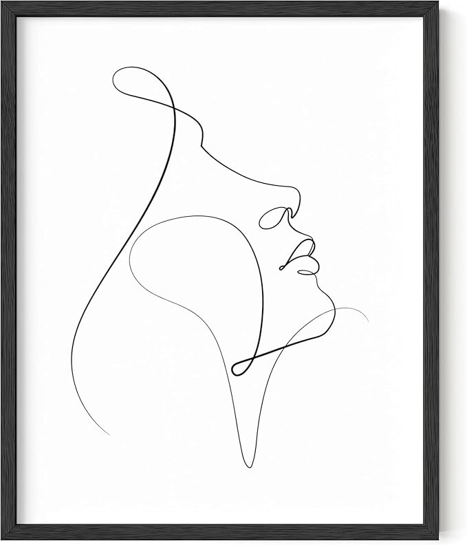 Minimalist Woman Profile Wall Art Upward Gaze Continuous Line Drawing Feminine Face 8x10 Inch Oak Wood Black Framed Modern Aesthetic Print for Living Room