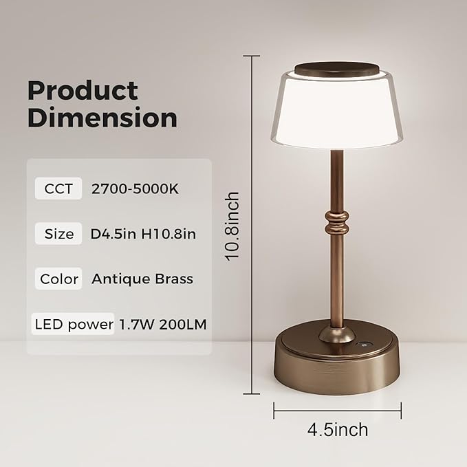 LED Cordless Lamp, 5 Colors Stepless Dimming Table Lamp, 4400mAh Rechargeable Battery with USB Charging Port, Portable Touch Bedside Light for Patio, Restaurant, Dining (1, Antique Brass)