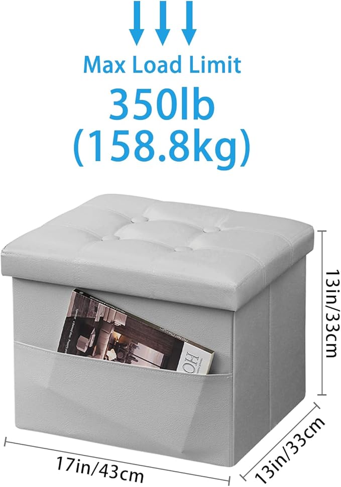 Ottoman with Storage Foot Stool, 17 Inches Folding Storage Ottomans, Leather Upholstered Ottoman Foot Rest with Side Pockets, Suitable for Living Room, Bedroom, Cafe, Grey