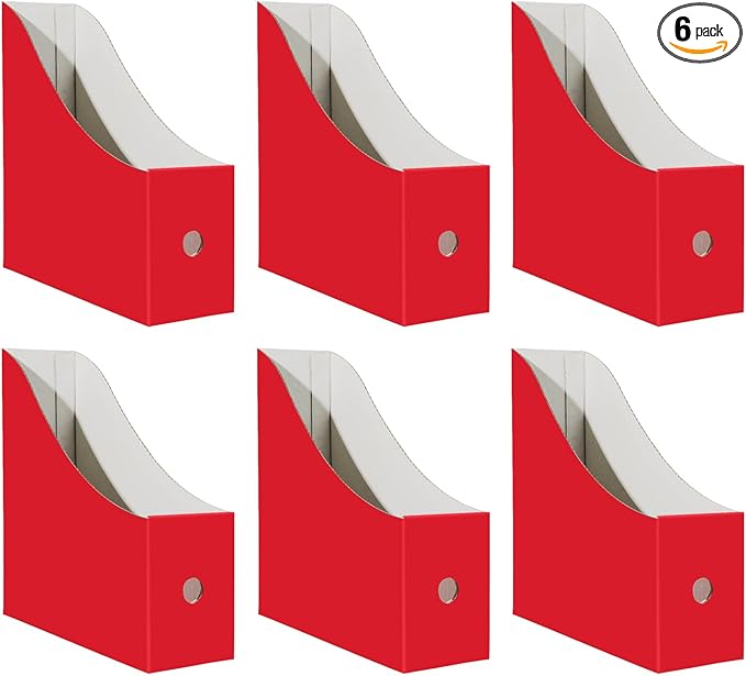 Limitliho Magazine File Folder Holder for Desk, Book Bins for Classroom Library,Office,Home, 10.6" H x 10.2" L x 3.5" W in Cardboard Paper Organizer(Red, 6 Pack)