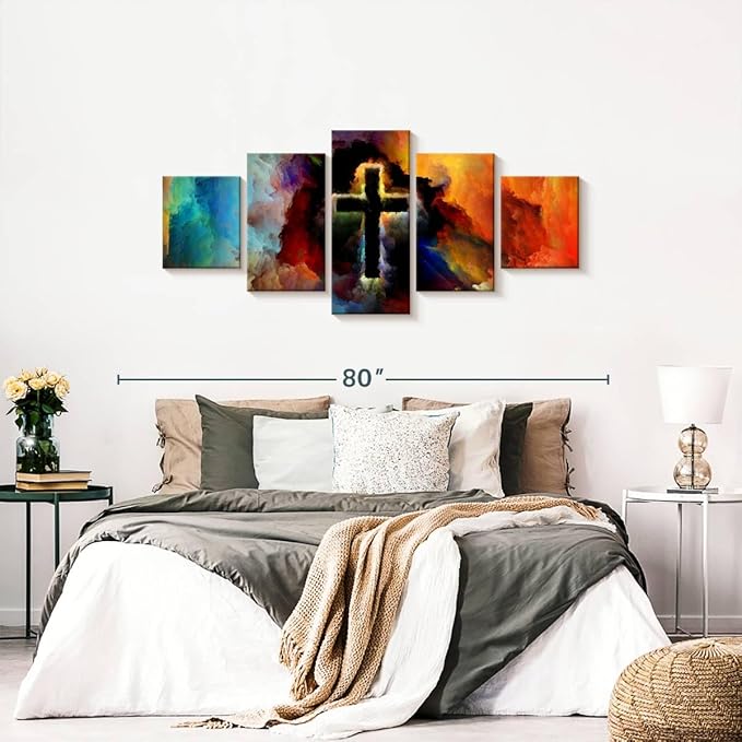 Elephant Stock Colorful Cross Wall Art Multi Piece Canvas - 5 Panel Christian Pictures Decor - Digital Design Canvas Print - Christian Wall Decor - 68" X 30"