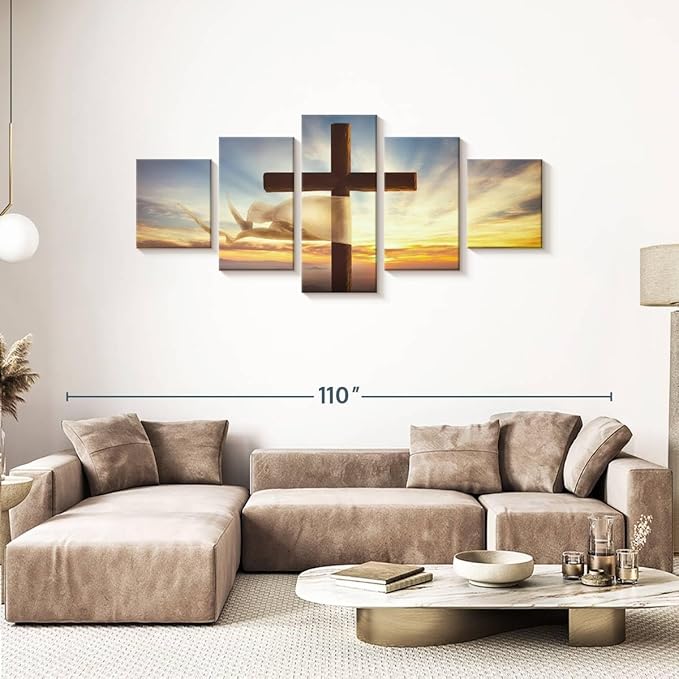 Elephant Stock Holy Cross Wall Art Multi Piece Canvas - 5 Panel Christian Pictures Decor - Digital Design Canvas Print - Christian Wall Decor - 80" X 36"