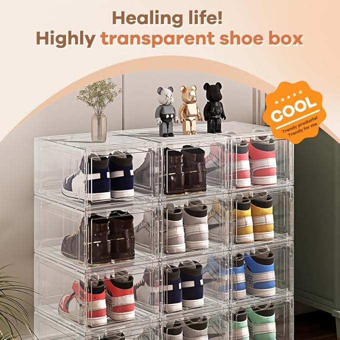 10-pack transparent acrylic shoe boxes, stackable and foldable storage boxes with magnetic snaps, suitable for sneakers, bedroom, dormitory storage, transparent color.