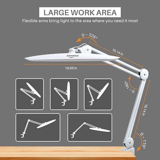 24W LED Desk Lamp with Clamp, 5 Dimming Modes, 5 Color temperatures up to 6000K, 2200 Lumens High Brightness Working Lamp with 182 Pcs LED(White, CCT)