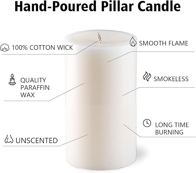 Unscented Ivory Pillar Candles Set of 6-2.8x4 inch - Dripless and Smokeless Large Pillar Candles, 50-Hours Long Burning Time Paraffin Candle for Dinner Table, Christmas and Home Decor