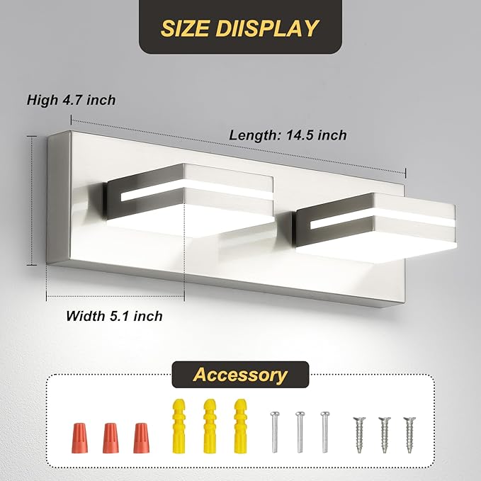 OKELI 2-Light Bathroom Vanity Light Fixture Brushed Nickel Modern Mirror Front Lamp for Bathroom, Stairs, Hallway Bedside Dimmable Cold White 24W ETL Listed, 350° Adjustable Lamp Head