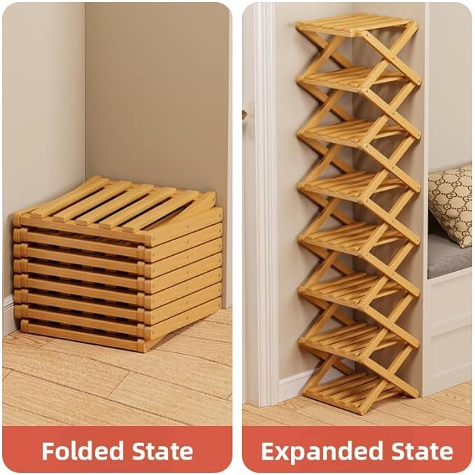Bamboo Shoe Rack Organizer, 2-10 Tiers, Natural or Tea Color, No-Tool Assembly, Foldable Storage Shelf (Installation Free 9 Layers 30-Primary Colors)