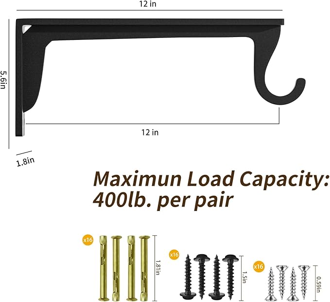 Closet Rod Support Bracket 12inch WYGWP Heavy Duty Closet Rod Holders 400lbs, Wall Mounted Brackets with Hooks for Closets for Home and Decor