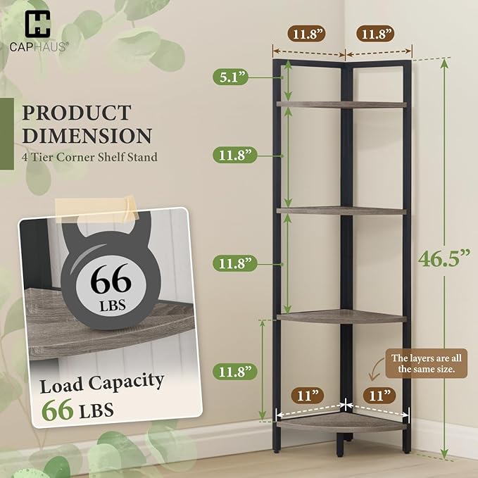CAPHAUS 4 Tier Corner Shelf, 46.5-Inch Tall Bookshelf, Display Rack With Metal Frame, Round Shelf Unit, Small Stand for Bathroom, Living Room, Home, Office, Dark Grey