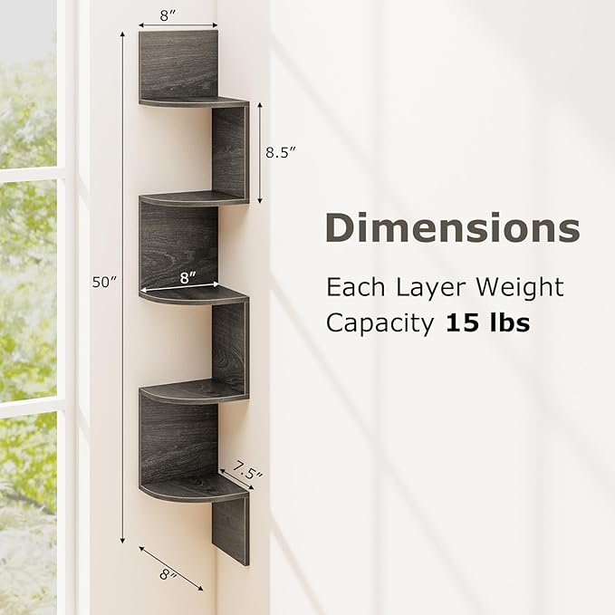 Tangkula 5-Tier Corner Shelf Wall Mount, Farmhouse Floating Corner Bookshelf, Industrial Modern Display Shelf Stand, Wooden Storage Organizer for Living Room Home Office (2, French Oak)
