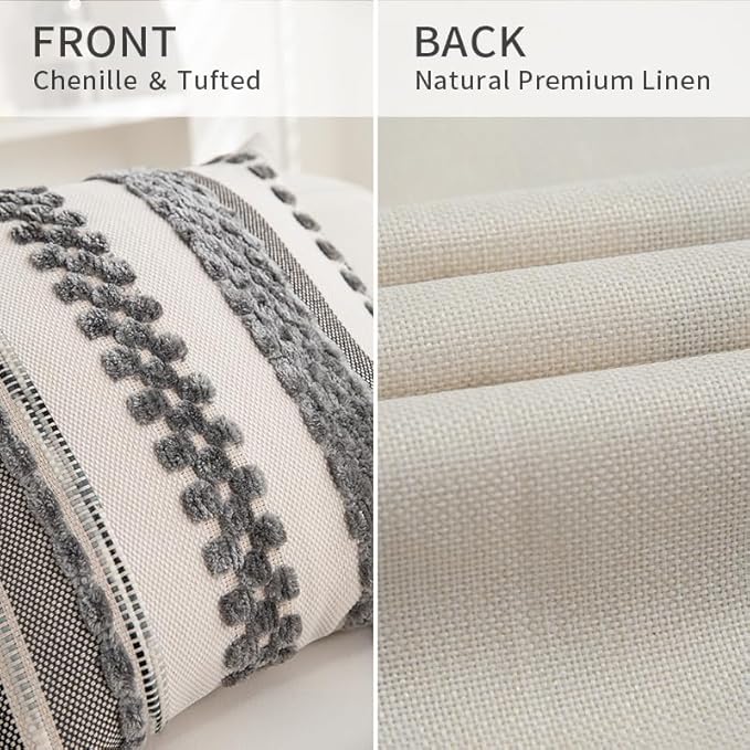 Boho Throw Pillow Covers 18x18 Set of 2 for Couch-Modern Farmhouse Sofa Decorative Grey Throw Pillows Covers Textured Chenille Cushion Covers Outdoor Netural Bohemian Pillow Cases Square