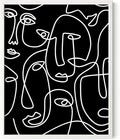 Abstract Face Pattern Wall Art Black Background White Continuous Line Drawing 8x10 Inch Oak Wood White Framed Modern Diverse Portrait for Living Room Decor