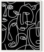 Abstract Face Pattern Wall Art Black Background White Continuous Line Drawing 8x10 Inch Oak Wood White Framed Modern Diverse Portrait for Living Room Decor