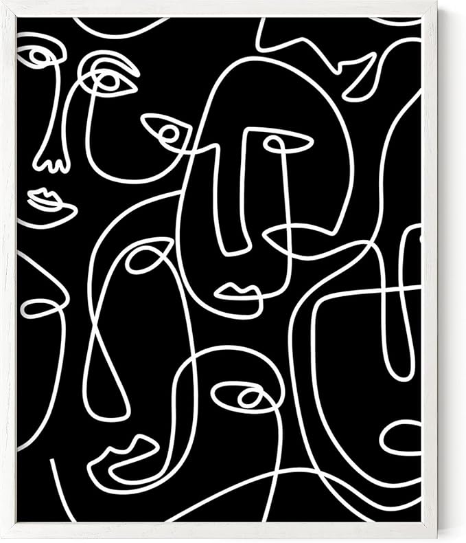 Abstract Face Pattern Wall Art Black Background White Continuous Line Drawing 8x10 Inch Oak Wood White Framed Modern Diverse Portrait for Living Room Decor