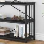 IBF 63" Black Low Horizontal Bookcase, Modern Long Wood Metal 3 Tier Book Shelf, Farmhouse Vintage Big Open Sturdy Bookshelf, Simple Large Wide Etagere for Home Living Room Office Bedroom, Black Oak