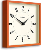 JONES CLOCKS® Box Wall Clock | Retro Square | 10 inch | Orange | Easy to Read Numbers | Perfect Kitchen or Office Clock