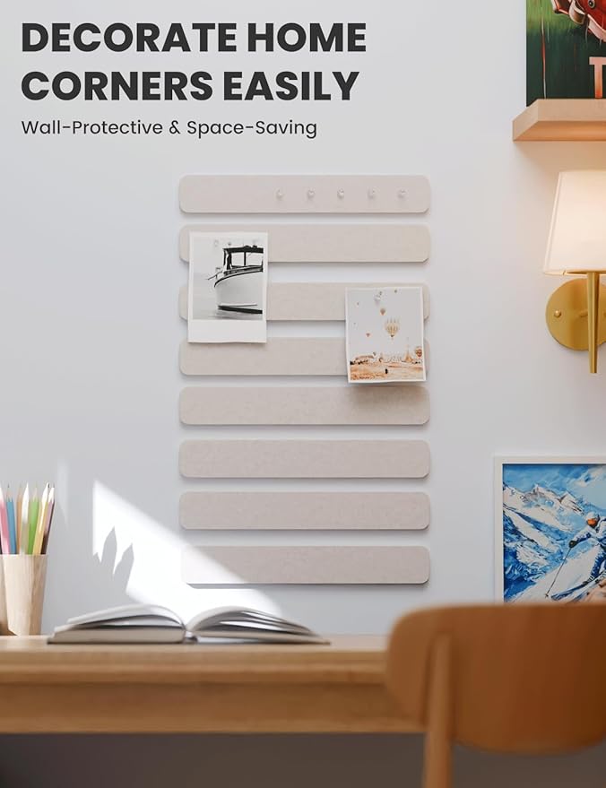 Fluxynara Cork Board Alternative Felt Strip Board 8-Pack 13"x2", Office Pin Board with 50 Push Pins, Adhesive Install for Bedroom Door & Home Office(Oatmeal)
