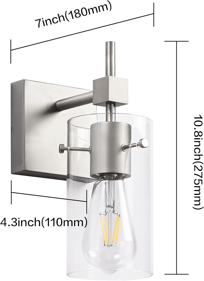 SOLFART 1 Light Vintage Vanity Light Brushed Nickel Bathroom Light Fixture Over Mirror for Bath Glass Shade Wall Light Modern Light Fixture