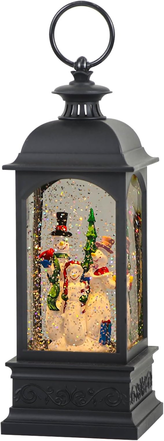 Eldnacele Snowman Music Snow Globe Lantern with 6 Hour Timer, Battery Operated & USB Powered Singing Lighted Lamp Swirling Water Glittering Christmas Decoration Holiday Decor Lantern