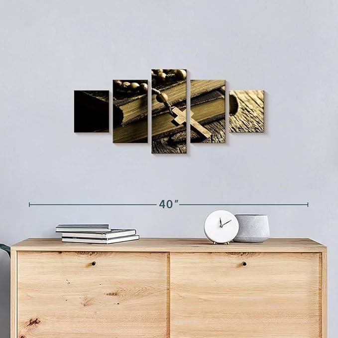 Elephant Stock Bible And Cross Wall Art Multi Piece Canvas - 5 Panel Christian Pictures Decor - Digital Design Canvas Print - Christian Wall Decor - 29" X 12"