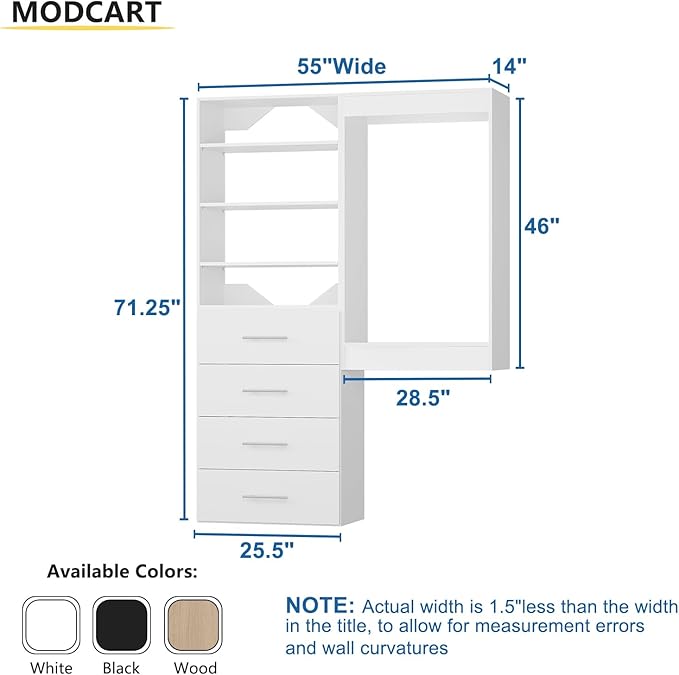 Modular Closet System, 55" Wide Closet Organizer System with Tower and Drawers, Wood Tower Closet Storage for Walk In Closets, Wall Mounted Wardrobe Organizer Kit System, Bedroom, White