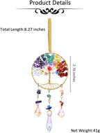 CrystalTears Chakra Crystal Tree Life Hanging Ornament for Wall Window Home Room Decor, Handmade Feng Shui Healing Crystals Gemstone Glass Suncatcher Car Ornament, Crystal Gifts for Women Christmas