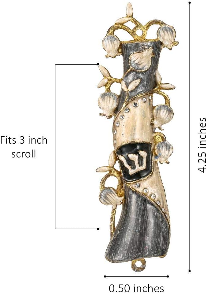 Matashi Hand Painted Mezuzah Gold Plated and Crystals (Grey & White Enamel)