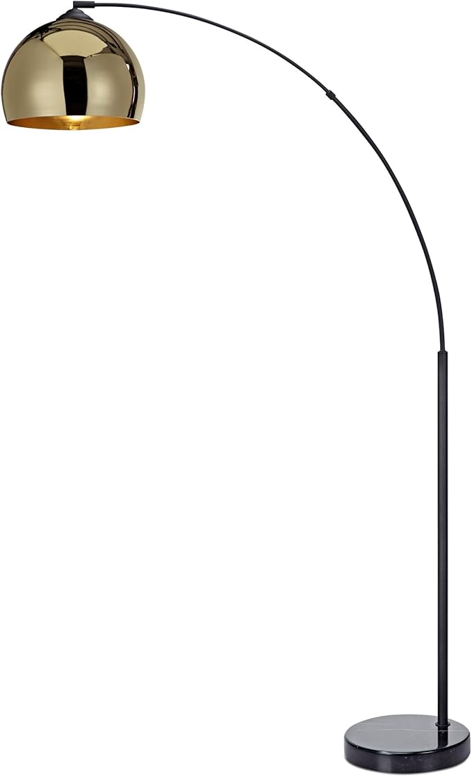 Teamson Home Arquer 66.93" Arc Floor Lamp for Living Rooms, Home Offices, Dining Rooms, Bedrooms with Faux Black Marble Base and Gold Bell Shade