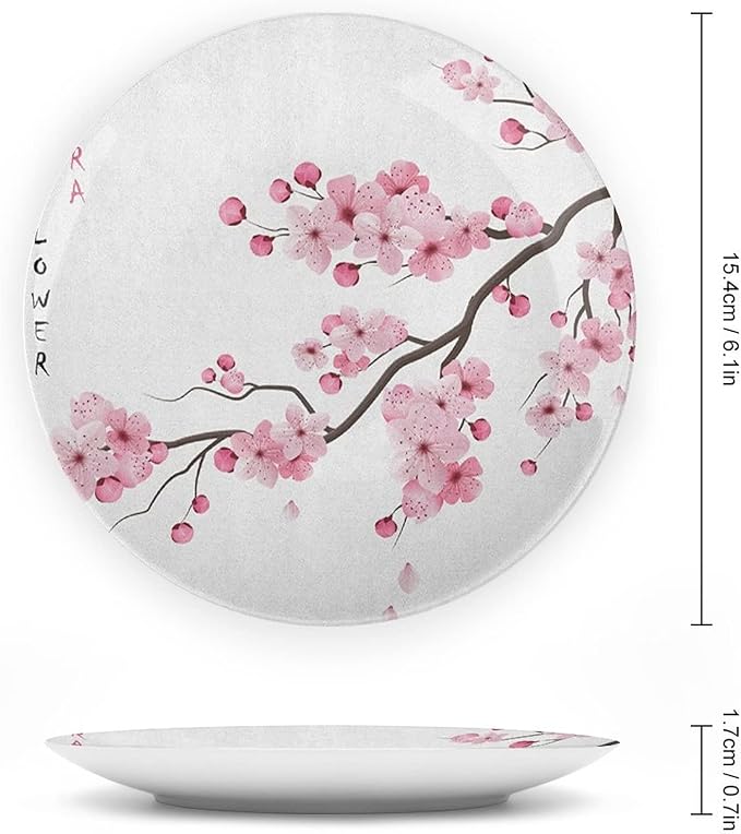 Decorative Plates, Asian Print Ornament, Japanese Cherry Blossoms Spring Themed, 7 Inch, 1 Plate with 1 Display Stand, Pink White