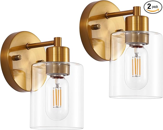Brushed Gold Wall Sconce, Gold Vanity Light Modernbathroom Light fixtures with Clear Glass Shade Entrance Lamp Hallway Living Room Mount Bathroom Fixtures for Mirror (2PACK)