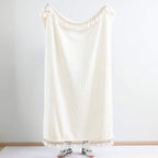 Ultra Soft Fleece Sherpa Blanket Queen Size,Lightweight Cozy Boho Bed Blanket with Decorative Tassel, Pattern Reversible, Antique White, 90”x90”