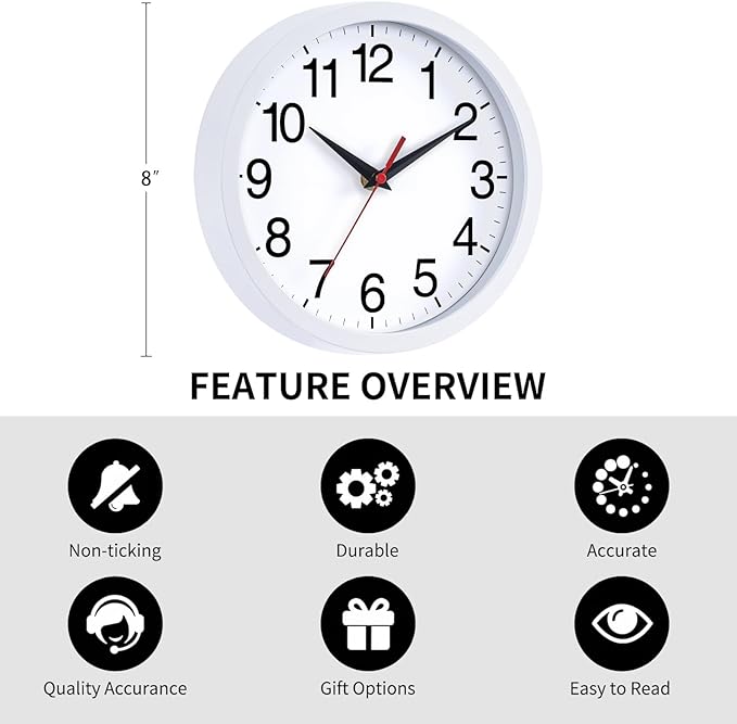 Wall Clock Modern 8 Inch Battery Operated Silent Non Ticking Small Analog Clock Decorative for Bedroom Kitchen Bathroom Office Home (White)