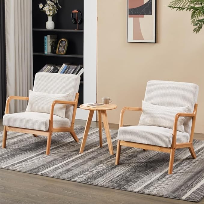 KEIKI Mid-Century Modern Upholstered Accent Chair with Side Table, Reading Chair Set