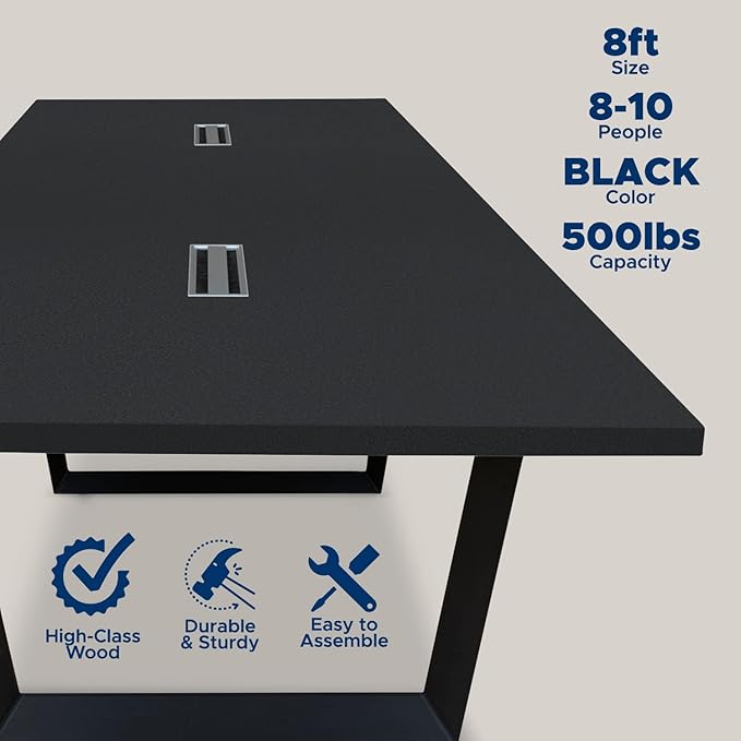 Sturdy Conference Table with Cable Management Grommets Modern Rectangle Office Meeting Table with Wood Tabletop and Metal Frame & Legs- Easy Assembly Boardroom Table (Black, 8 Foot)