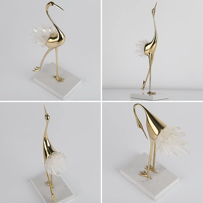 suruim Elegant Gold Crane Bird Statues with Crystal Tail Accents, Decorative Brass Figurines for Home Decor (White A)